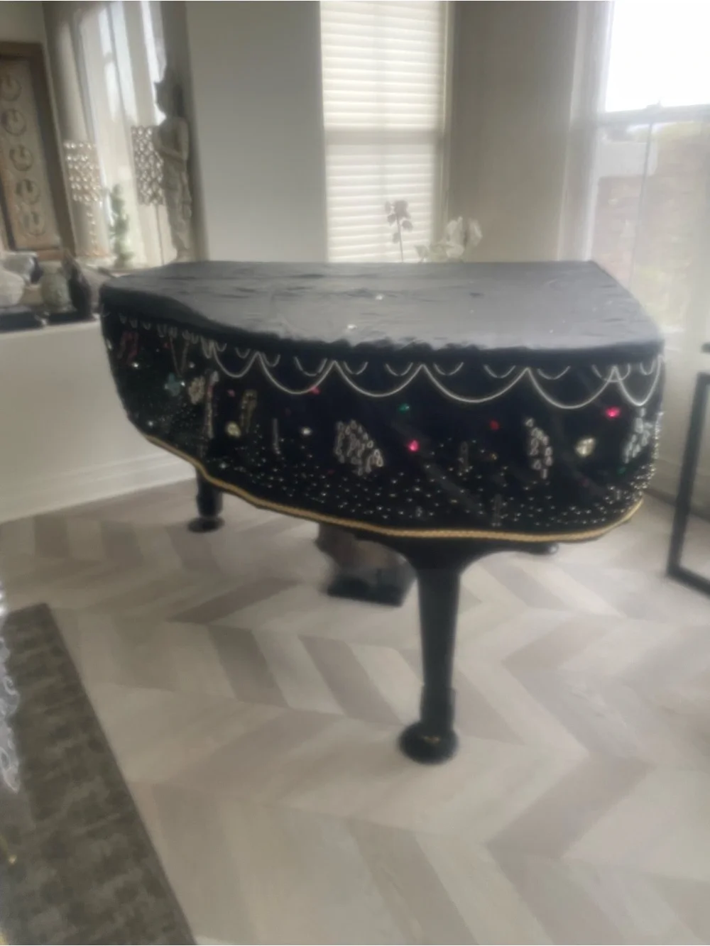 Black Embellished Grand Piano Cover - Decorative Beaded Design by hand